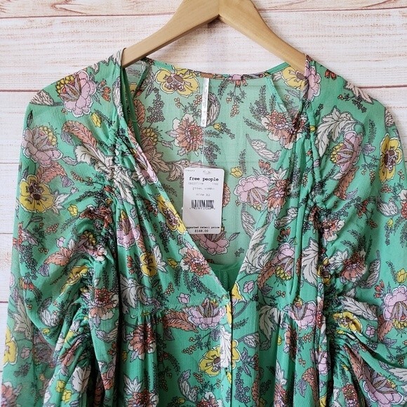 Free People Earthfolk Button Front V-neck Ruched Sleeve Maxi Floral Print Dress - Picture 6 of 15
